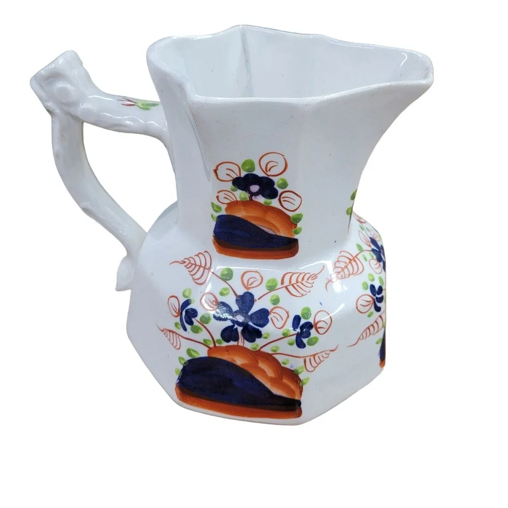 Antique Pitcher Jug Octagon Shape Cobalt Blue Orange Green Ceramic Floral 8 Side